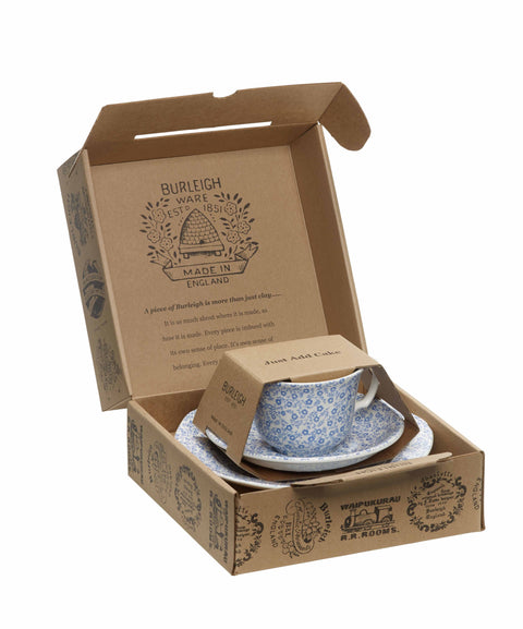 Three piece blue felicity teacup set with saucer and breakfast plate by burleigh