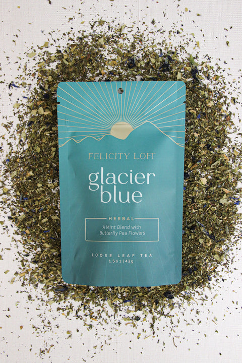 Glacier Blue Mint Tea brews a bright blue green color made in Alaska.